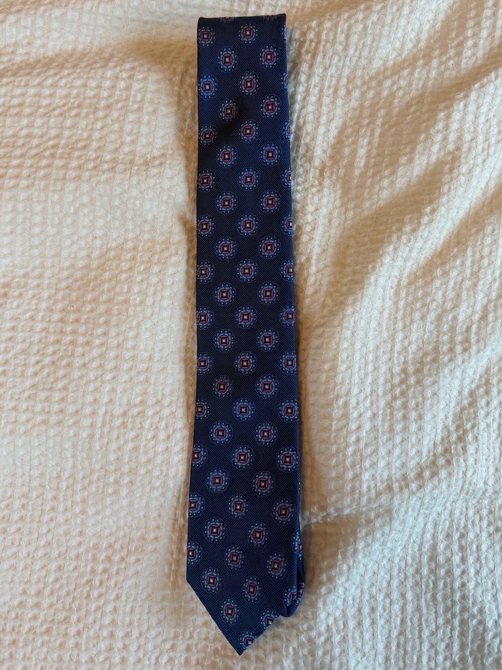 Ted Baker Navy Silk Tie with Red Medallion Motif